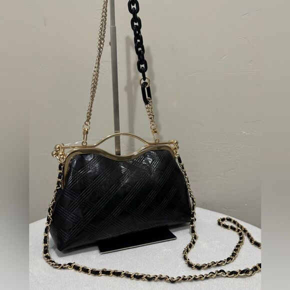 Black Quilted Genuine Lambskin  Double Kisslock Top Handle Bag & 2 Chain Styles - Picture 7 of 12